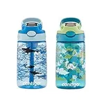 Contigo Aubrey Kids Cleanable Water Bottle with Silicone Straw and Spill-Proof Lid, Dishwasher Safe, 14oz 2-Pack, Dinos & Sharks