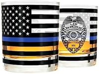 Greenline Goods Thin Blue Line Police Officer Whiskey Old Fashioned Glasses (Set of 2) - 10 oz - Classic Drinkware with Law Enforcement Flag Graphics - Shows Support for First Responders