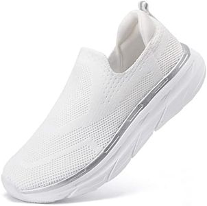 STQ Slip On Walking Shoes for Women Nurse Wide Toe Box Non Slip Work Shoes Lightweight Exercise Gym Shoes with Memory Foam Platform Athletic Tennis Shoes US Size 8 White