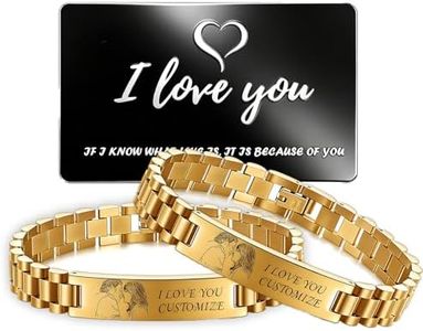 Custom Picture Bracelet Personalized Photo Couple Bracelets for Him&Her-Sketch Text Engravable ID Link Chain Cubic Zirconia Wristband Customize for Men Women BF and GF Strap Style (Gold-A PAIR)