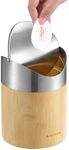 Navaris Bamboo Mini Trash Can - Small Bin with Stainless Steel Swing Lid for Easy Access - Desktop Bin Ideal for Office, Bathroom and Kitchen Counter - Compact and Easy to Clean