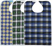 3 Pack Adult Bibs with Crumb Catcher - Waterproof and Reusable Clothing Protectors for Elderly Men and Women, Checkered, 3 Count (Pack of 1)