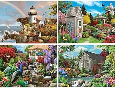 Bits and Pieces - Value Set of Four (4) Multipack 1000 Piece Jigsaw Puzzles for Adults - Each Puzzle Measures 20" x 27" - 1000 pc Garden Country Mill Divine Light Peacock by Artist Alan Giana