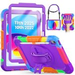SEYMCY Kids Case for iPad (A16) 11th/10th Generation 2025 (11 inch)/2022 (10.9 inch), Full-body Shockproof with Screen Protector, Rotating Stand & Hand Strap, Carrying Strap, Pencil Holder, Purple