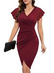 Machico Date Night Dress for Women Ruched V Neck Bodycon Sheath Cocktail Party Work Midi Bridemaids Wedding Guest Dresses Plus Size Burgundy X-Large