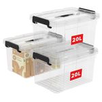 Cetomo 20L*3 Storage Boxes, Carry Plastic Storage Box with Lids, Organizing Container with Handle and Secure Latching Buckles, Stackable, Nestable, Tote Bin for Home Office Clothes, 20L-3Pack, Clear