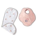 The White Cradle Baby Bib & Burp Cloth Set of 2 pcs - Large Size - 100% Organic Cotton, Soft Muslin Double Cloth, Absorbent - Embroidery Pink Alphabets