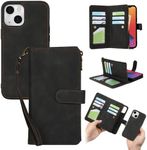 ELTEKER Case for iPhone 13 Wallet Case,2 in 1 Detachable Premium Leather Card Holder Cash Pocket Kickstand Magnetic Handstrap Wallet Case with Zipper for iPhone 13-Black