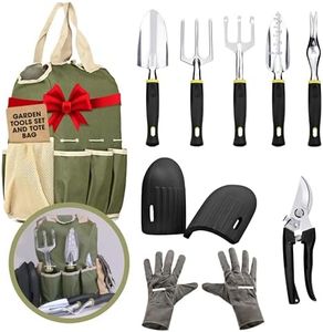 Botana Garden Tools Set 9-Piece – Heavy Duty Aluminum Gardening Supplies, Ergonomic Handles, Multi-Pocket Tote Bag, Pruning Shears, Knee Support Pads, Gloves, Ideal for Planting & Weeding, Green/Beige