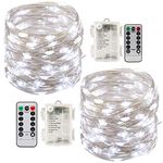 Tonskooners Led String Lights Battery Powered,[2 Pack] 100 LEDs 33ft Fairy String Lights Battery Operated Waterproof 8 Modes with Remote Control Christmas Decoration Lights (Cool White)