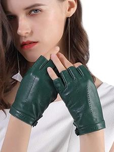 GSG Women Fingerless Sheepskin Leather Gloves & Half Finger Driving Gloves with Wrist Snap and Velvet Pouch & Soft Breathable Lambskin for Motorcycle Dance Cosplay Green Small