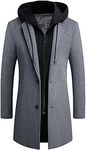 PRIJOUHE Men's Wool Coat Hoodie Long Trench Coat Cotton Casual Woollen Overcoat Jacket, Grey-09, Small