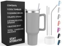 RE TECH UK - 40oz Tumbler With Straw And Lid + 2 Stainless Steel Straws & Silicone Boot, 1.2 Litres, Insulated Cup With Straw And Lid - Travel Mug With Handle - Travel Tumbler With Straw And Lid, Grey