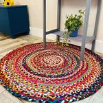 Second Nature Online Sundar Medium Round Braided Fabric Rug Hand Made Flat Weave with Multi Colour Recycled Fabric 120 cm Diameter