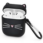 YONOCOSTA Cute Airpods Case, Airpods 2 Case, Black Whisker Cat Kitty Funny 3D Cartoon Animal Shockproof Soft Silicone Charging Cases Cover with Carabiner for Airpods 1st & 2nd Generation