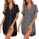 Ekouaer Nightgowns for Women 2 Pack Button Down Sleepwear Short Sleeve Sleepshirts Soft Nightshirts Boyfriend Pajama Dress,Black/Grey,M