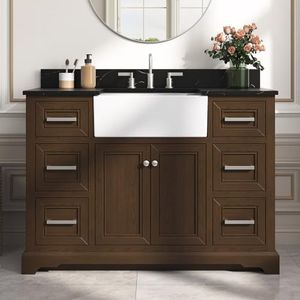 DELUXE LIVING 48 Inch Bathroom Vanity with Apron Sink, Quartz Countertop with Soft-Closing Doors & Dovetail Drawers, Solid Wood Bathroom Vanity, No Assembly Required
