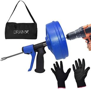 DrainX SPINFEED 35 Foot Snake Drum Auger | Drill Power or Manual Use - Auto Extend and Retract Snake | Work Gloves and Storage Bag Included