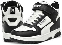 Hurley Kids' Carson High-Top Sneakers with Adjustable Strap, High Top Shoes for Kids, Sturdy Padded High Cut Sneakers for Boys and Girls, Fashionable Basketball Shoes for Kids, Black/White, 5 Big Kid