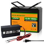 ECO-WORTHY 12V 100AH LiFePO4 Lithium Battery and 12V 20A Automatic Smart Battery Charger with BMS, Low Temperature Protection, Up to 15000+ Deep Cycles, for Trolling Motor, RV, Solar System