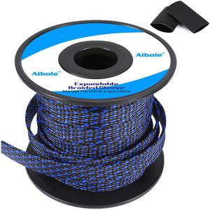 Aibole 100Ft-1/8 Balck＆Blue Cable Management Cord Protector Braided Wire Loom Braided Cable Sleeve for Television, Audio, Computer Cables, Prevent Pet from Chewing Cords…