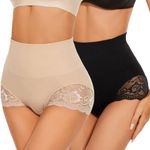 SURE YOU LIKE Shapewear for Women Tummy Control with Sexy Lace Seamless Body Shaper Underwear Mid-Waist Panties (Black+Beige, 8-10)