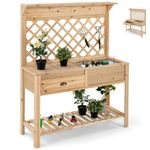 TANGZON Garden Potting Table, 120 x 43 x 150cm Wooden Potting Bench with Trellis, Sliding Tabletop, Drawer, Top & Bottom Shelves, Outdoor DIY Workbench Planting Workstation for Patio Balcony Yard