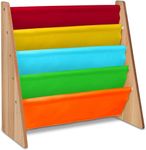 LIVIVO Children's Colourful Sling Storage Bookshelf – Easy Access Wooden Book Storage Rack with Soft Nylon Fabric Shelves Shelf to Protect your Kids Books (Multi-Colour)