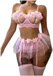 OYOANGLE Women's 5 Piece Garter Lingerie Set Floral Appliques Lace Bra and Panties with Stockings Pink Medium