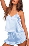 Ekouaer Satin Pajama Set for Women Silk Pjs for Women Set Camisole Top and Shorts with Ruffle Sleepwear Clear Blue