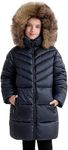 SOLOCOTE Girls Puffer Winter Coat Faux Down Fur Hood Sherpa Lined Heavyweight Water-Resistant Parka Jacket, Navy, 8 Year