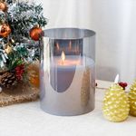 JHY DESIGN 3-Wick Glass Flameless Candles Battery Operated Dancing Flame LED Large Pillar Candles with 6-Hour Timer Feature Real Wax Moving Wick Candle for Home Wedding Party Festival(Grey)