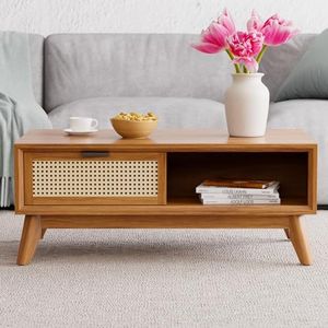 Bme Solid Wood Jasper Coffee Table with Storage, Accent Rattan Design, Good Choice for Living Room, Dark Chocolate