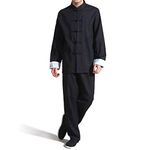 Men's Cotton Linen Kung Fu Suit Chinese Martial Arts Uniform Meditation Suit Roll-Up Sleeve Frog Button Shirt Pants Outfit, Black, Large