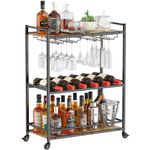 Lifewit Bar Cart, 3 Tier Serving Home Bar with Lockable Wheels, Wine Rack and Glass Holders, Rolling Drink Mobile Liquor Cart for Kitchen Dining Livingroom, 24.9" x 11.8" x 32.1", Rustic Brown