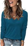 Arach&Cloz Women's Spring Tops 2025 Fashion Trendy V Neck Long Sleeve Shirt Knit Pullover Sweater Blouse Clothes Peacock Blue