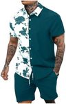 OYOANGLE Men's 2 Piece Vacation Outfits Tropical Hawaiian Button Down Shirt and Shorts Set Dark Green Large