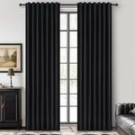 Unique 86 Inch Black Blackout Curtains for Bedroom, Farmhouse Style Linen Room Darkening Drapes 2 Panels Set with Rod Pocket Track Thick Soundproof Pleated Curtain for Dining Room 84-86 Inches Windows