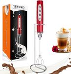YUSWKO Handheld Milk Frother Wand for Coffee, Rechargeable Electric Whisk with 3 Heads 3 Speeds Drink Mixer Coffee Frother for Latte, Cappuccino (with Stand, Red)