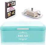 AllGreen Vintage Bread Box Container for Kitchen Counter Decor Stainless Steel Metal Bread Bin Retro Turquoise for Dry Food Storage Including Free Butter Dish & Serving eBook Store Bread Loaf.