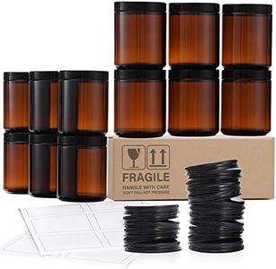 12 Pack, 8 OZ Amber Round Glass Jars with 12 Metal Lids & 12 Plastic Lids - Empty Candle Jar, Food Storage Containers, Canning Jar For Spice, Powder, Liquid, Sample - Leakproof & Dishwasher Safe