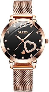 Allskid-Montres Femmes Double Amour Cœur Forme Strass Cadran Ajustable Acier Inoxydable Bande de Montre Quartz Filles Montre Bracelet (36mm, Noir)