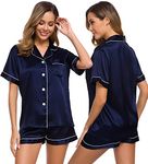 SWOMOG Pyjamas for Womens Satin Silk Pjs Button Down Pyjamas Set Soft Sleepwear and Loungewear Deep Navy Blue