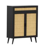 Rovaurx Accent Floor Storage Cabinet with Rattan Doors, Bathroom Cabinet with Large Drawer, Freestanding Storage Cabinet Organizer, Black and Natural, BMGZ107B