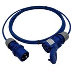 UK Made Mains Power Hookup Cable IP44 16 Amp CEE Plug to Coupler. Electric Extension Lead Blue (Length 5 Metres)