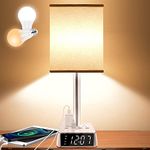 Yostyle Table Lamp Bedside Lamp with 4 USB Ports and AC Power Outlets, Alarm Clock Base w/ 6Ft Extension Cord, Square Oatmeal Fabric Lampshade Modern Accent Nightstand Lamps for Bedrooms Living Room