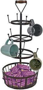 Sunnydaze 4-Tier Coffee Mug Tree with Basket - Round Iron Mug Holder Rack with 12 Hooks for Kitchen Countertop - Dark Brown - 23" H