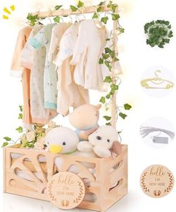Wooden Baby Shower Crate Closet-Baby Shower Basket with Handle Hanger Rack String Lights Welcome Gift Basket Wooden Crate for Baby Shower Newborn Boys Girls Pregnancy Gifts for New Parents X-Large