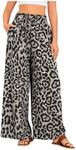 OYOANGLE Women's Leopard Print Elastic High Waist Wide Leg Pants Tie Front Pockets Loose Casual Trousers Grey Large