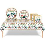 53Pcs Christmas Party Tableware Decorations,Merry Christmas Tree Snowman Tableware Set Party Table Cloth,7inch 9inch Paper Plates,Paper Napkins for Xmas Disposable Dinnerware,Picnic party Supplier